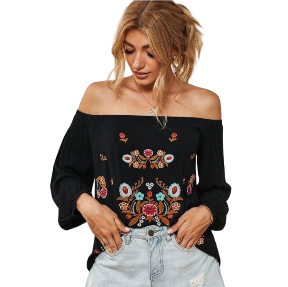 La Bella Savona Floral Embroidered On Off Shoulder Curved Hem Lantern Sleeve Med